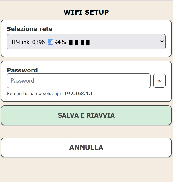 Schermata WiFi setup