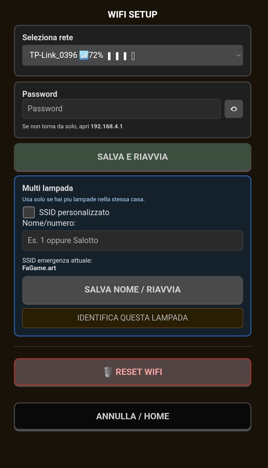 Schermata WiFi Setup con multi lampada
